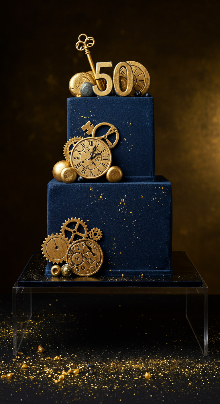 Dunkelblaue zweistöckige Torte mit goldenen Zahnrädern und Uhren im Steampunk-Stil.