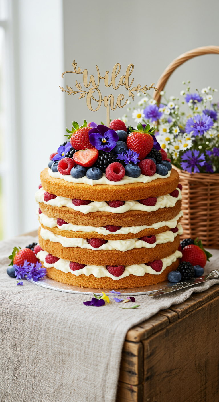 Mehrschichtiger Naked Cake mit frischen Beeren, essbaren Blüten und „Wild One“-Topper.