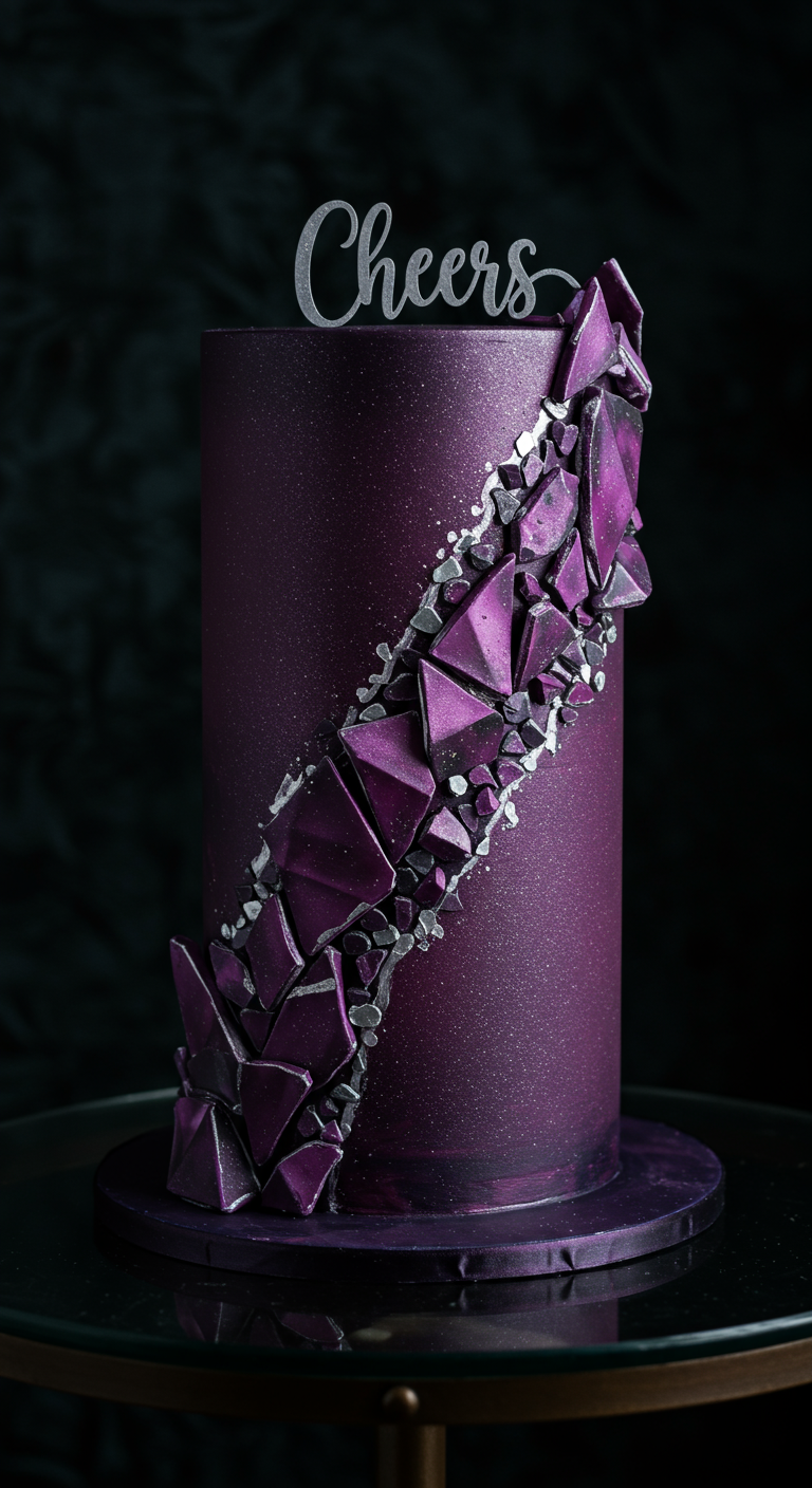 Dunkellila glitzernde Torte mit einer diagonalen „Fault Line“ aus lila und silbernen geometrischen Scherben.