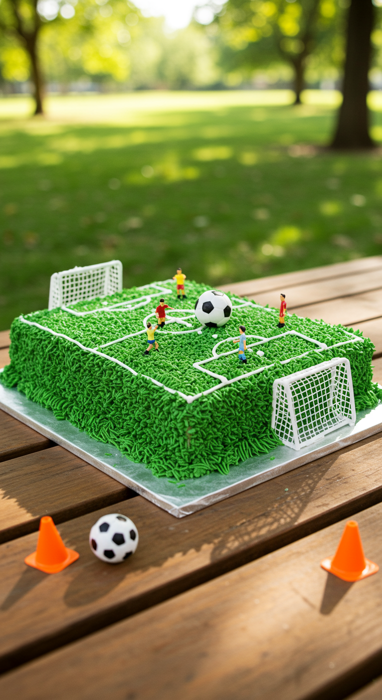 Rechteckige Fußballfeld-Torte mit grüner Buttercreme, Toren und Spielfiguren.