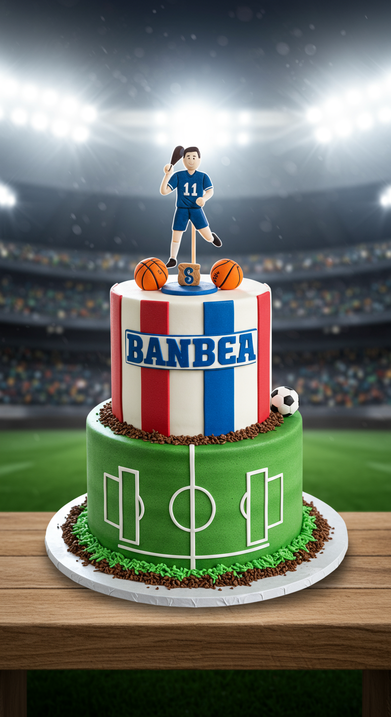Zweistöckige Sport-Torte mit Fußballfeld unten und Trikot-Farben oben.