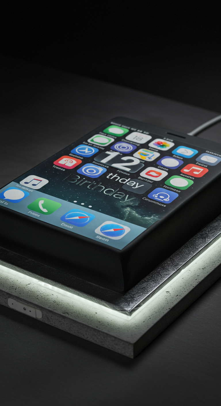 Schwarze, rechteckige Torte in Form eines Smartphones mit bunten App-Symbolen.