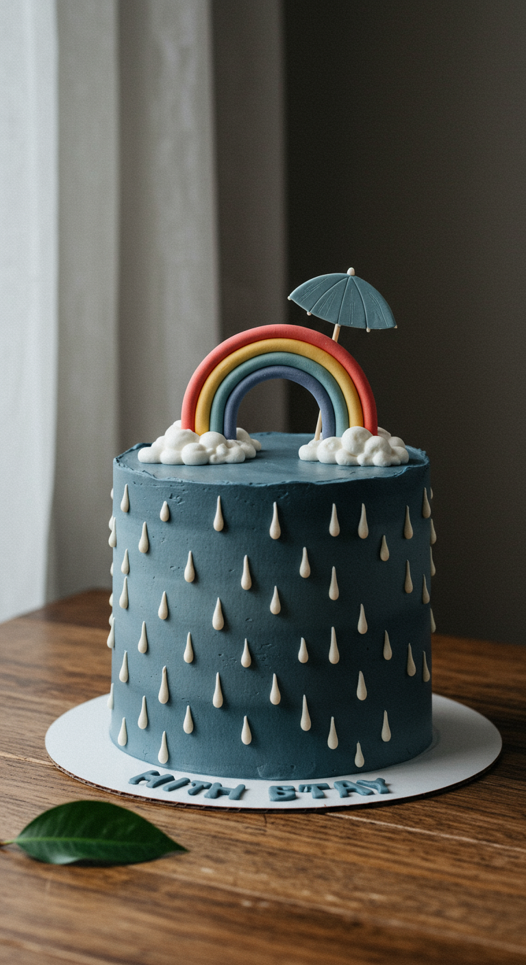 Dunkelblaue Torte mit aufgespritzten Regentropfen und Regenbogen-Topper.