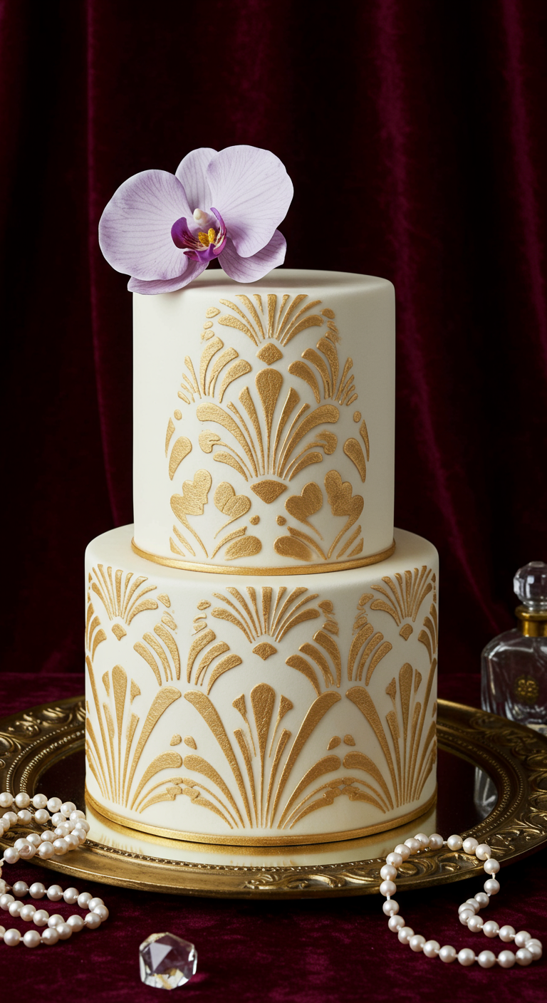 Zweistöckige weiße Torte mit goldenem Art-Déco-Muster und einer lila Orchidee