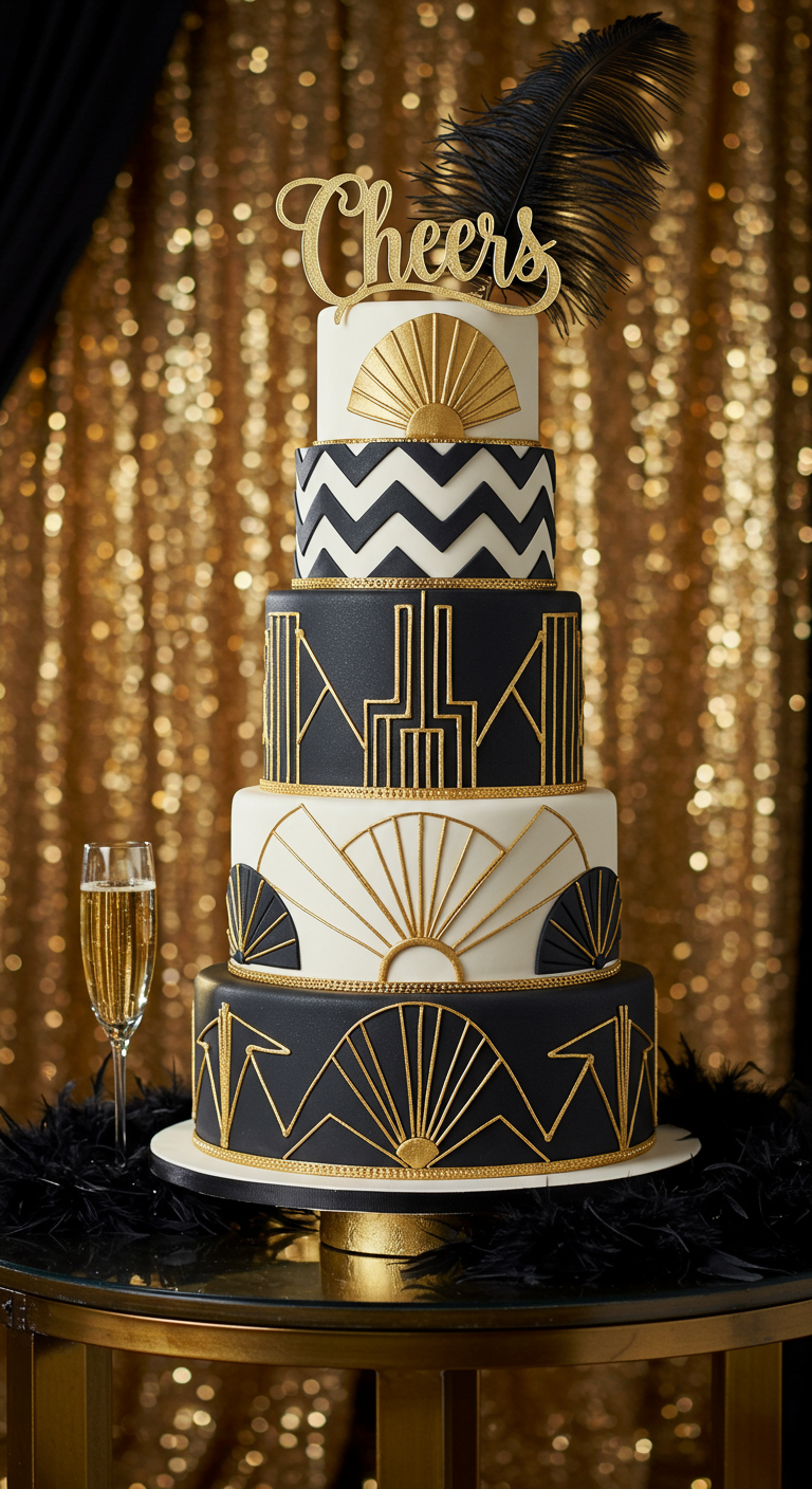 Mehrstöckige Torte im Art-déco-Stil mit schwarzen, weißen und goldenen geometrischen Mustern.