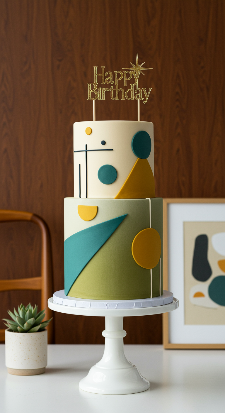 Zweistöckige Torte im Mid-Century Modern Design mit geometrischen Formen in Grün, Gelb, Blau.