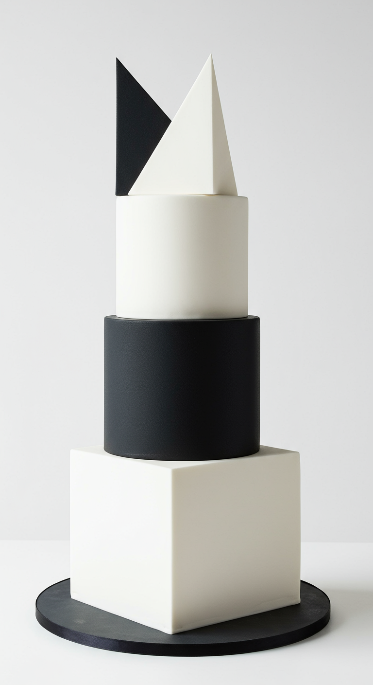 Mehrstöckige Torte aus geometrischen schwarzen und weißen Blöcken und Dreiecken.