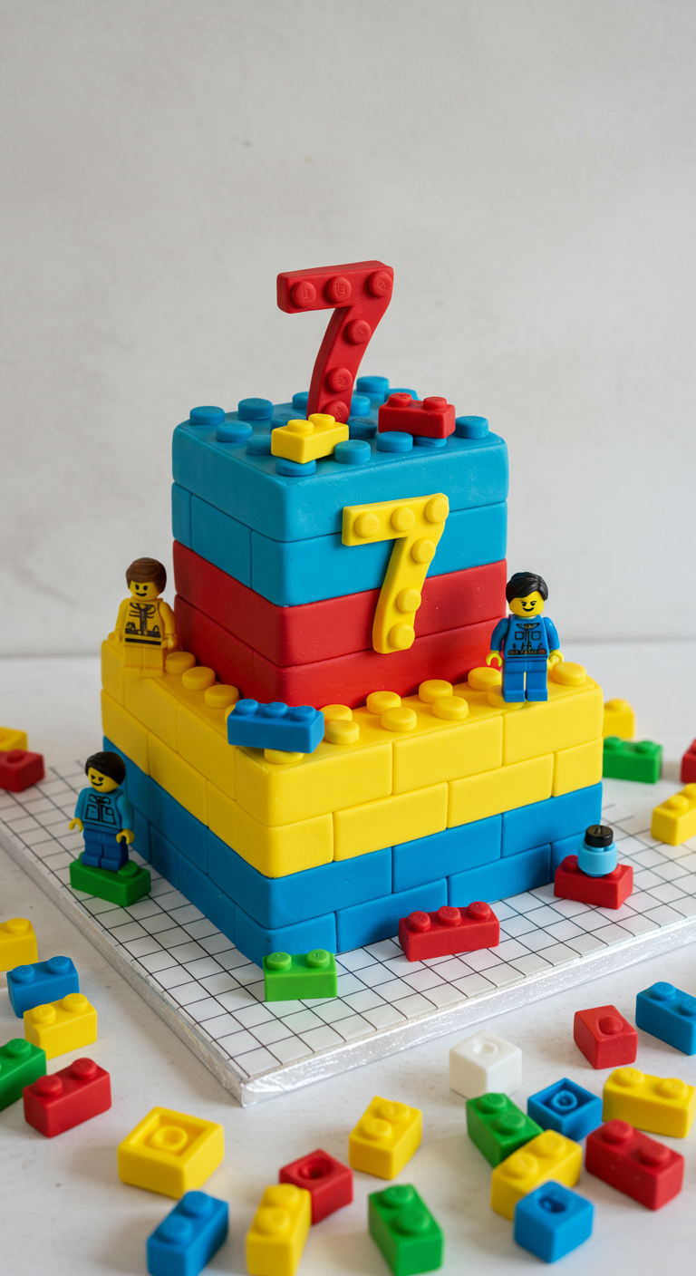 Bunter Baustein-Kuchen mit Figuren und einer großen roten Sieben.