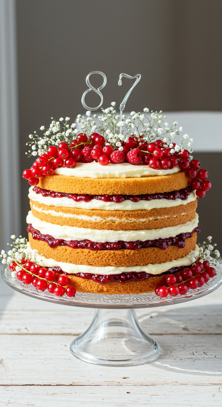 Naked Cake mit Beeren, Sahnecreme und silbernem 87-Topper.