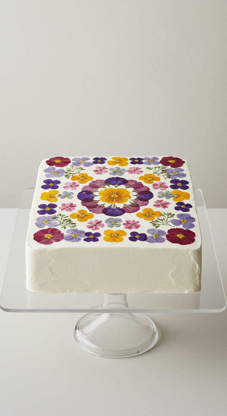 Quadratische weiße Torte mit einem symmetrischen Muster aus gepressten, bunten Blüten.