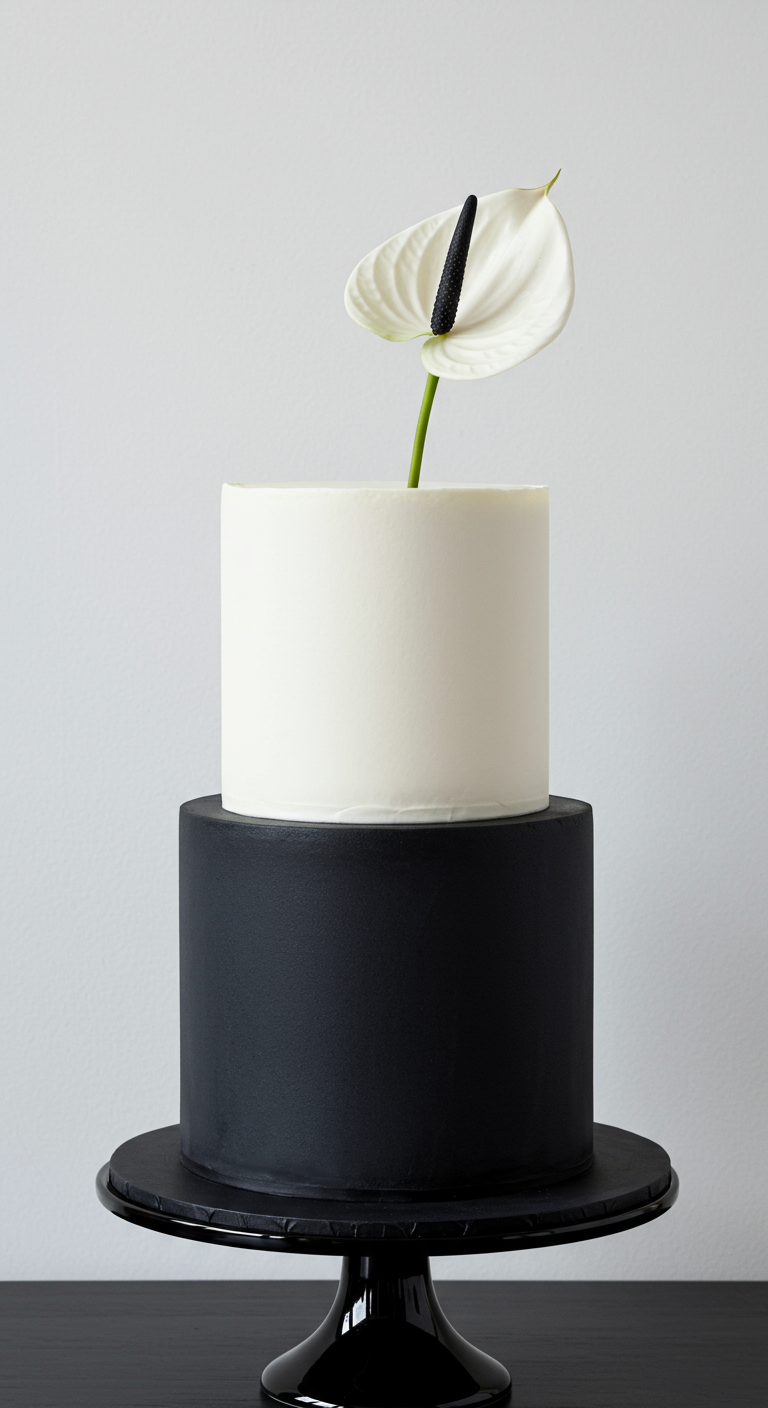 Zweistöckige Torte, untere Etage schwarz, obere weiß, mit einer Calla-Blüte.