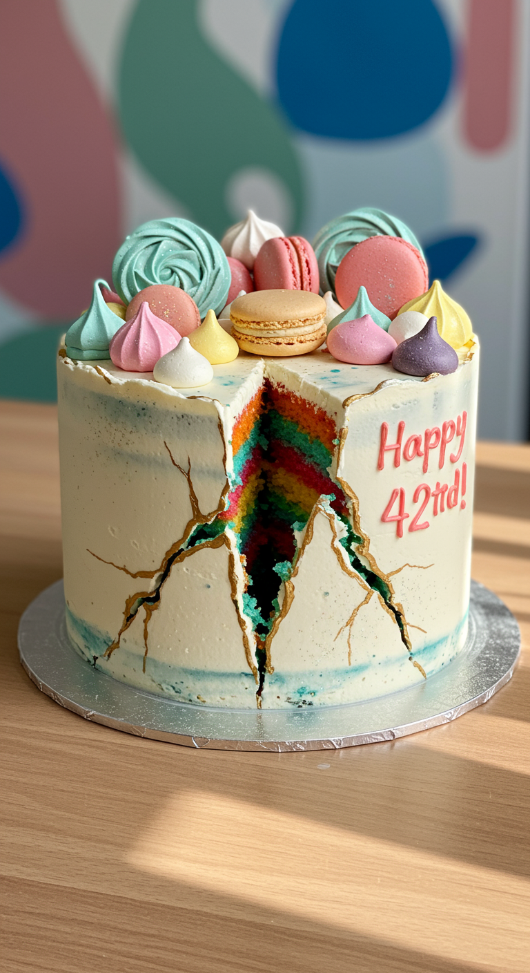 Angeschnittene Torte mit weißer Glasur, Riss-Optik, bunten Macarons und Regenbogen-Innerem.