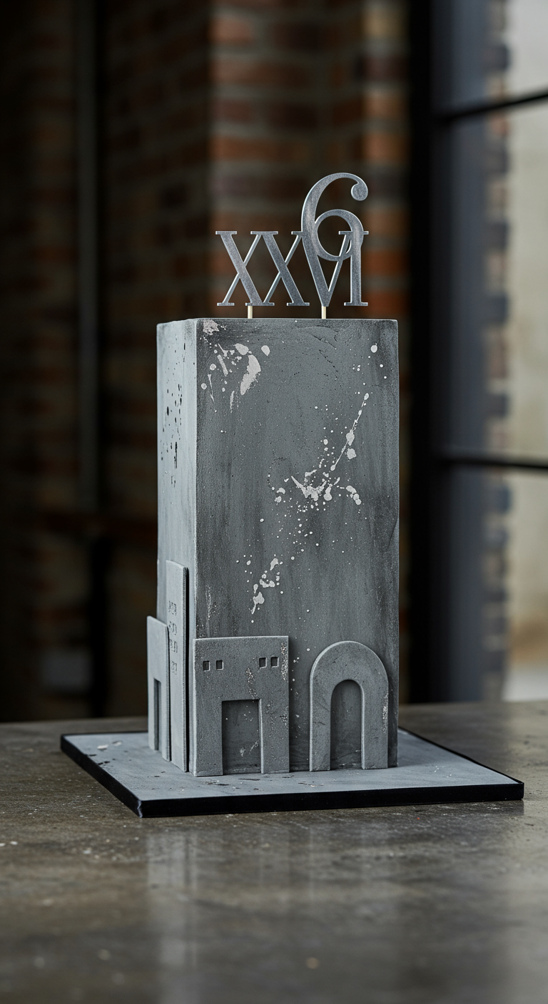 Graue Torte im Beton-Look mit römischer Zahl 26 als Topper.