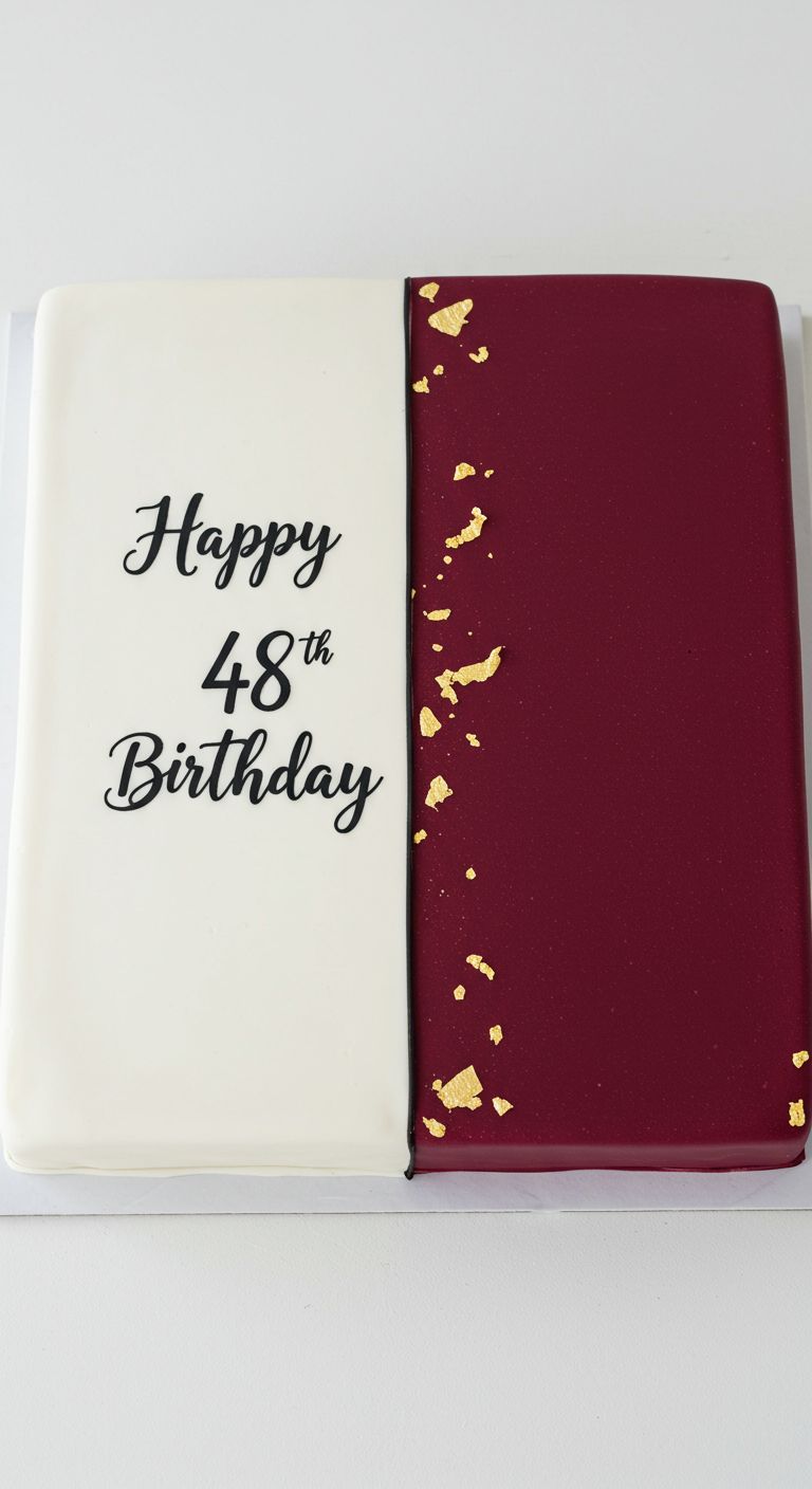 Rechteckige Torte in Buchform, halb weiß mit Schrift, halb bordeauxrot mit Goldflocken.