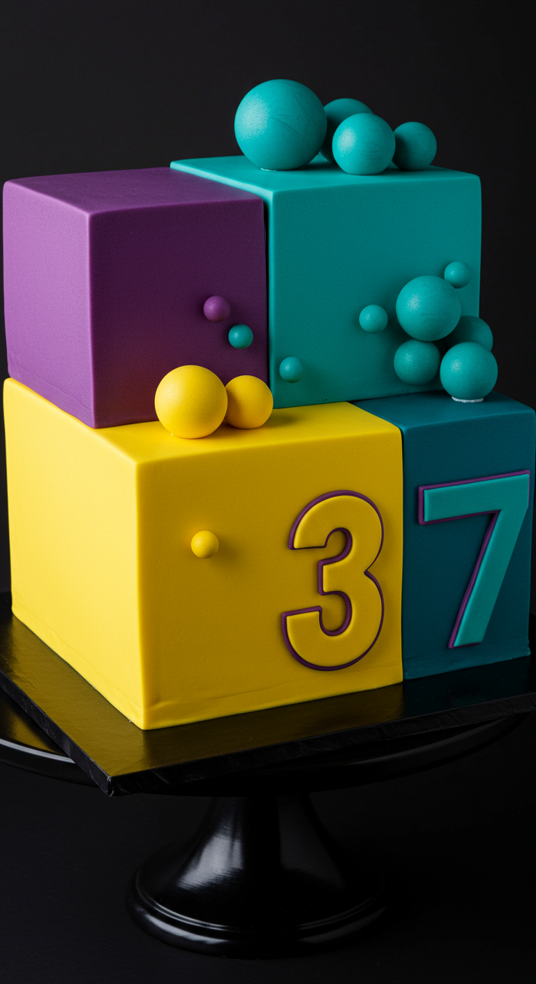 Moderne Torte aus farbigen Würfeln (Lila, Türkis, Gelb) mit Zahlen „3“ und „7“.