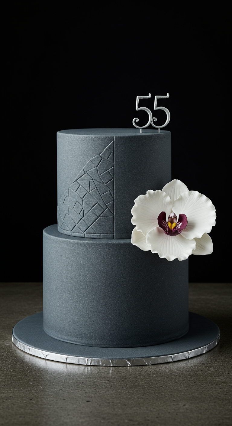 Zweistöckige graue Torte mit geometrischem Muster und einer weißen Orchidee.