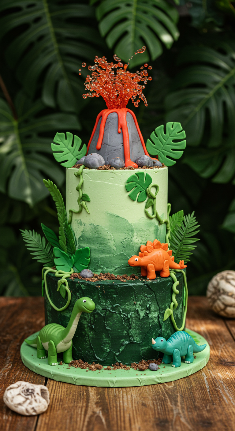 Dinosaurier-Torte mit Vulkan, Lava und Spielzeug-Dinos