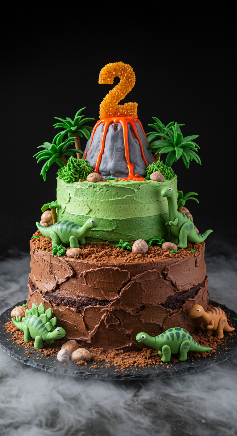 Zweistöckige Dinosaurier-Torte mit Vulkan-Topper und Spielzeug-Dinos.