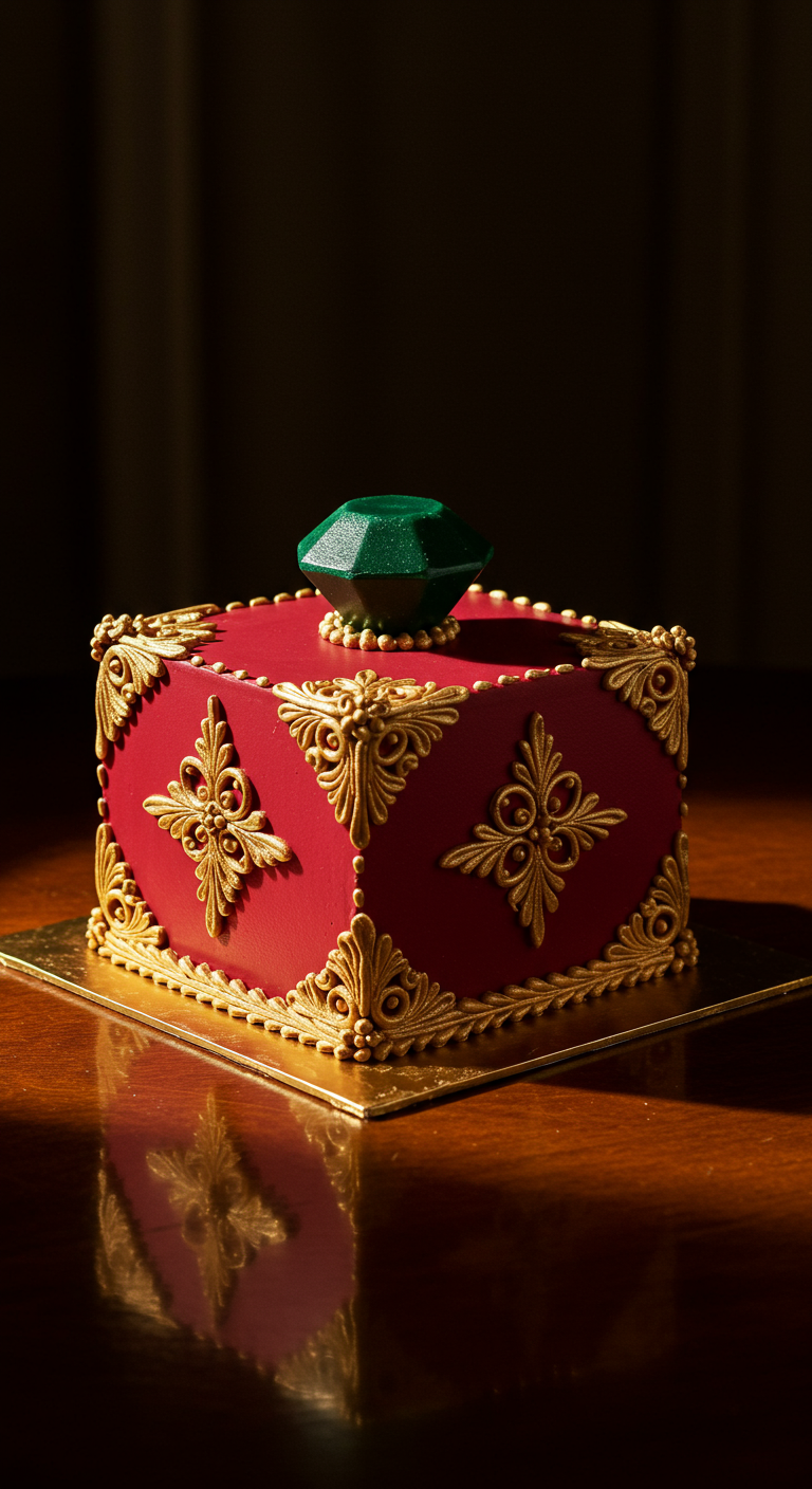 Quadratische rote Torte mit goldenen Ornamenten und grünem Edelstein-Topper.