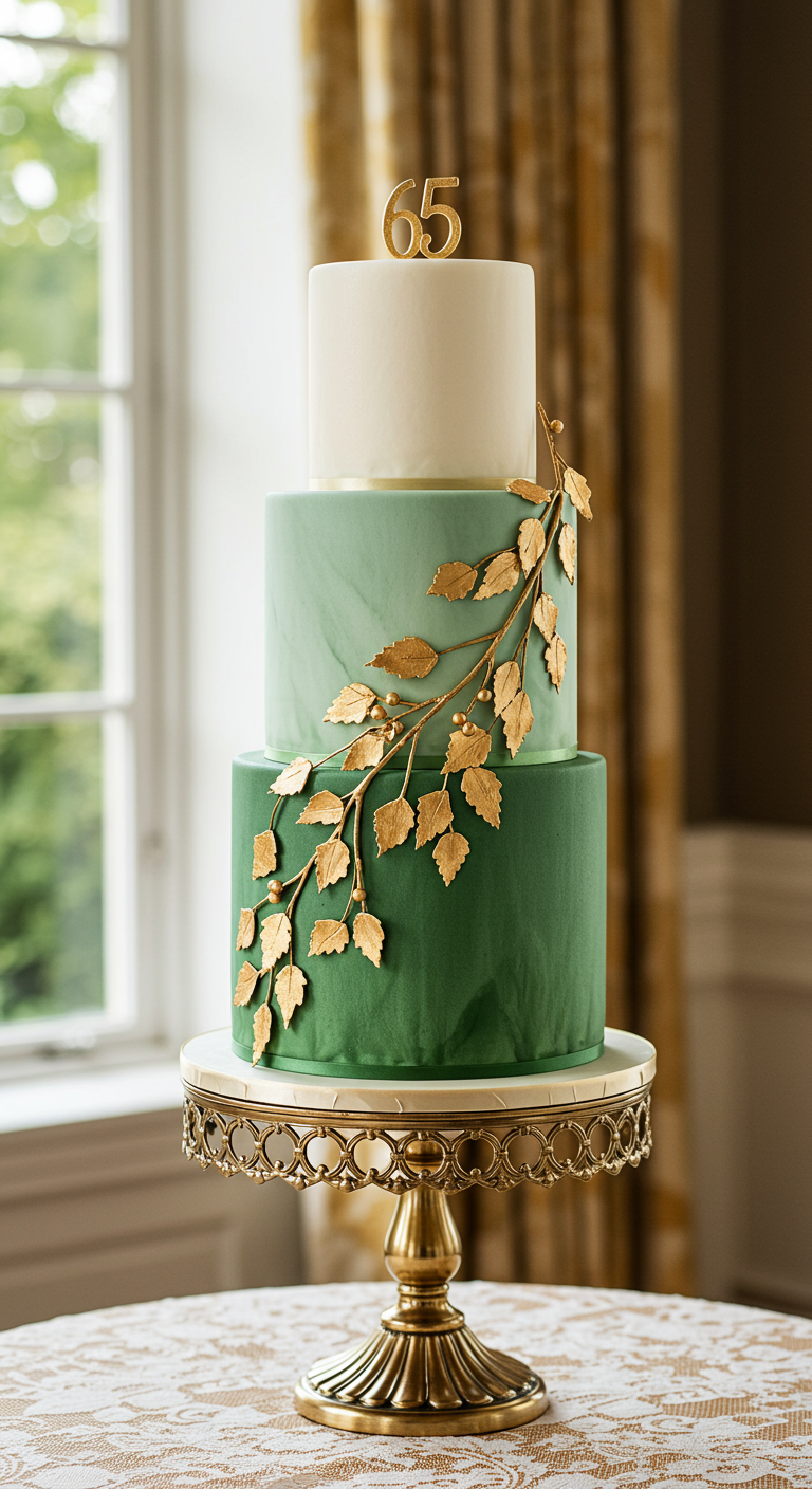 Dreistöckige Torte in Weiß und Grün mit goldener Blätterranke.