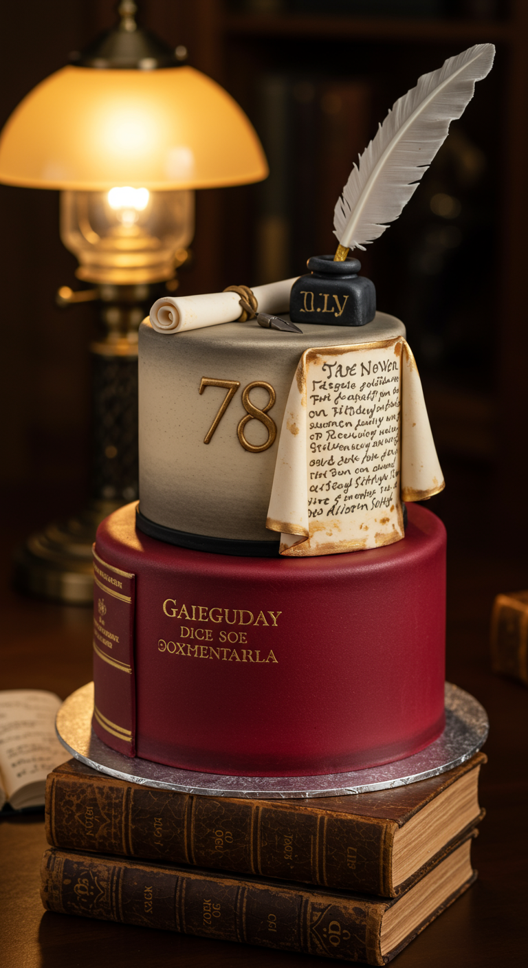 Zweistöckige Torte, die wie Bücher mit einer Schriftrolle und Federkiel aussieht.