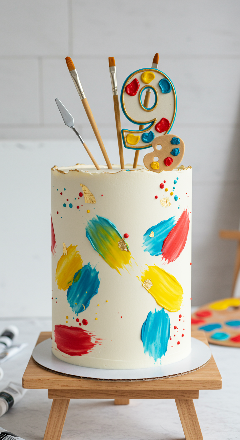 Weiße Torte mit bunten Farbklecksen, Gold-Akzenten und Pinsel-Deko.