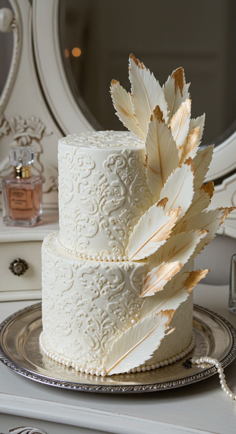 Zweistöckige weiße Torte mit filigranem Relief und weiß-goldenen Zuckerfedern.