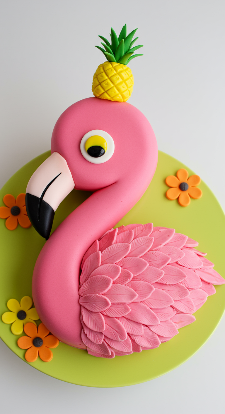 Pinker Fondant-Flamingo mit Ananas-Hütchen auf grünem Untergrund.