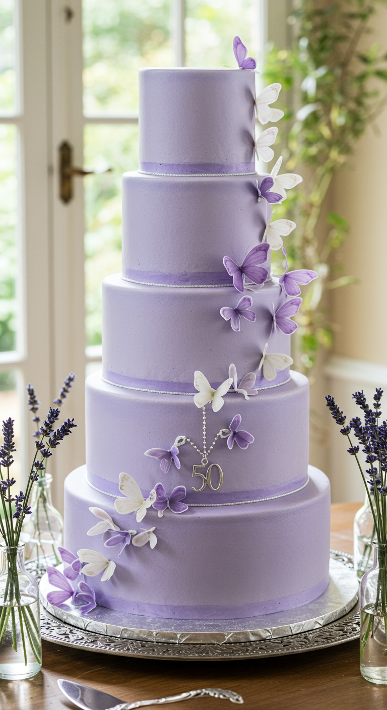 Hohe, fliederfarbene Torte mit einer Spirale aus weißen und lila Schmetterlingen.
