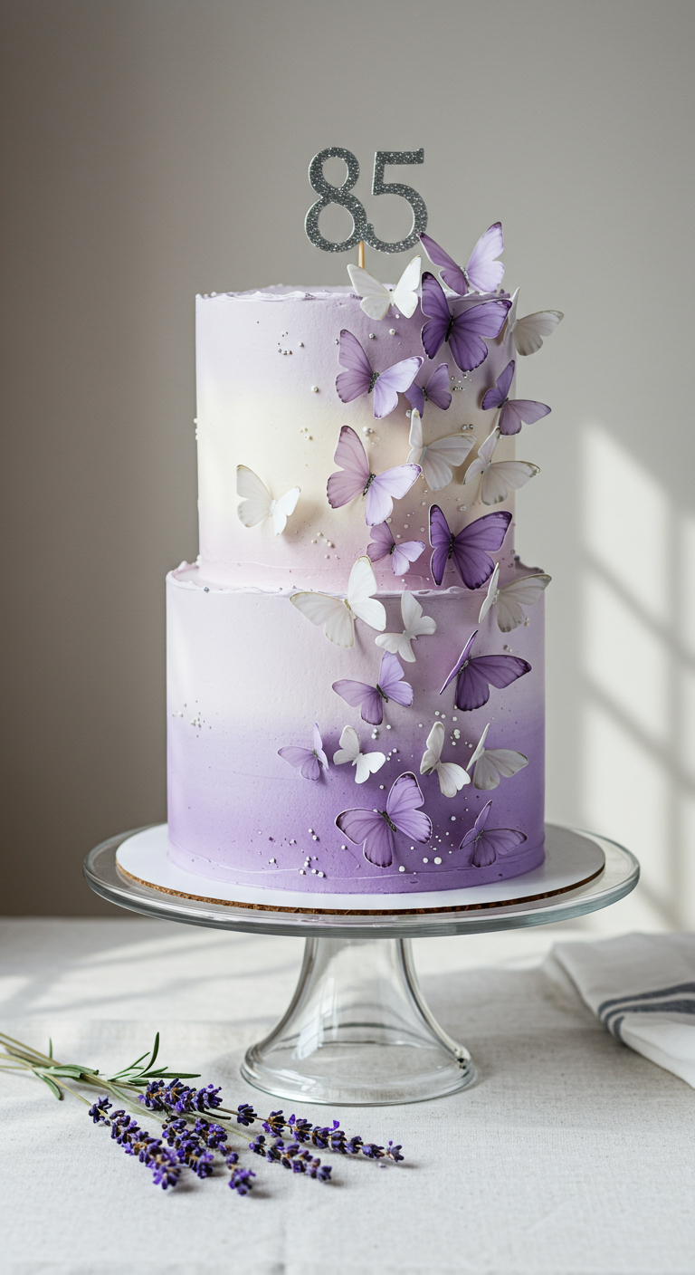 Zweistöckige Torte mit lila-weißem Ombré-Verlauf und vielen lila-weißen Schmetterlingen.