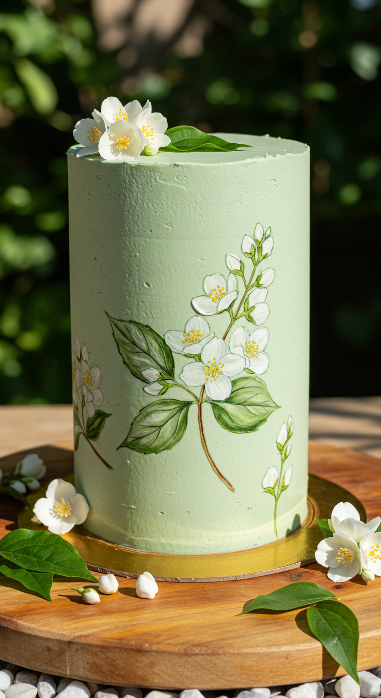 Hohe, hellgrüne Torte mit handgemalten weißen Jasminblüten.