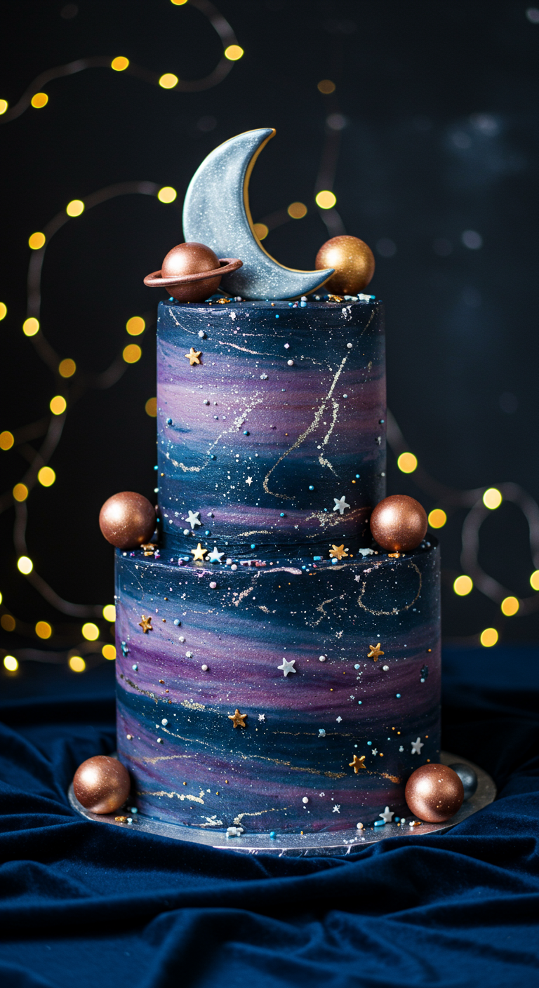 Zweistöckige Torte im Galaxy-Design mit Mond- und Planeten-Deko.
