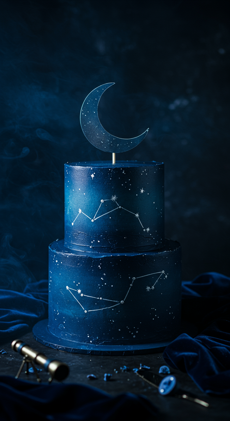 Zweistöckige dunkelblaue Torte mit Galaxy-Effekt, Sternbildern und Sichelmond-Topper.