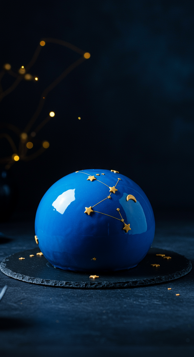 Blau glasierte Halbkugel-Torte mit goldenen Sternen und Linien auf schwarzem Grund.