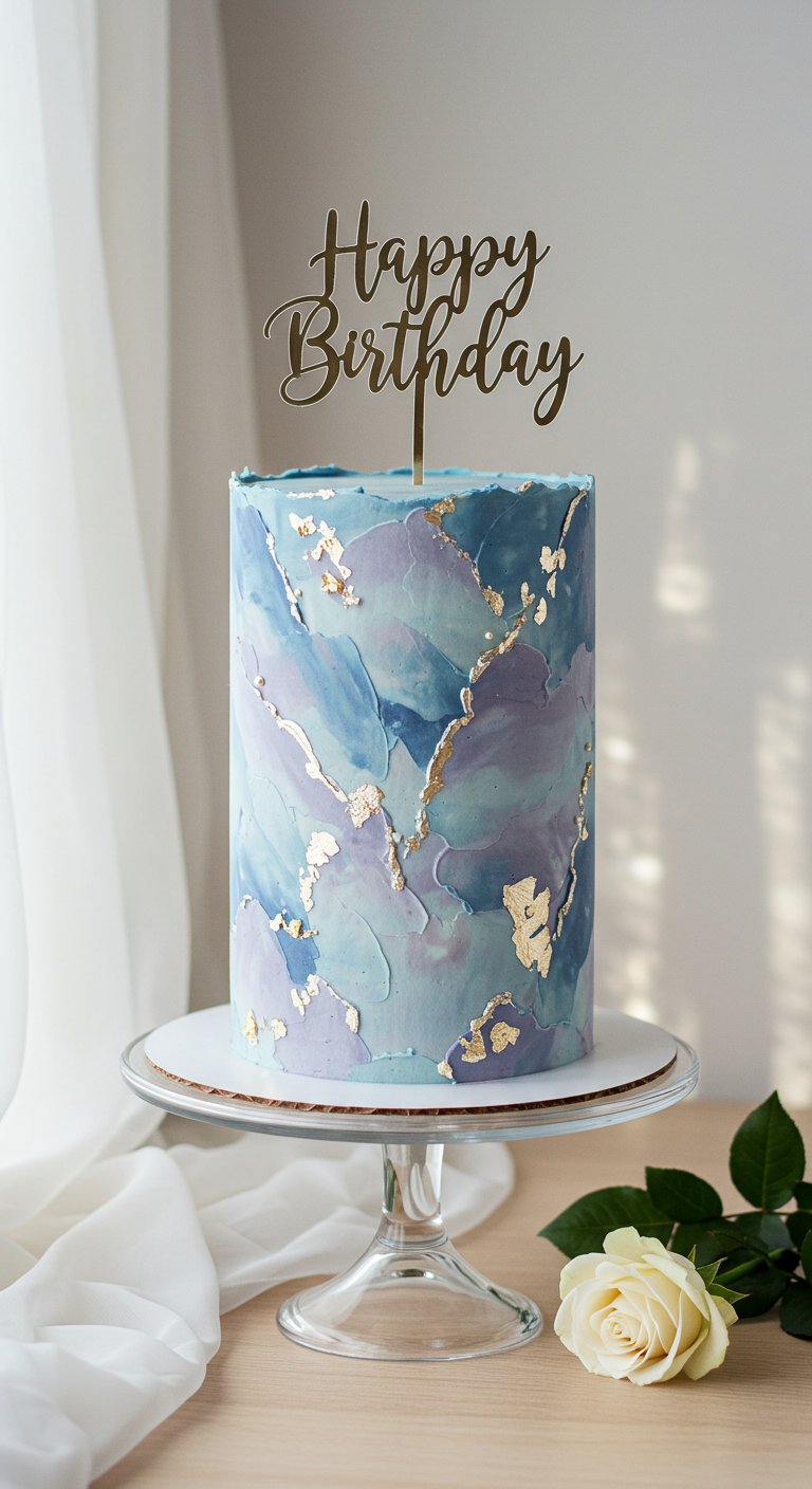 Hohe Torte mit blau-lila Marmor-Buttercreme und Blattgold-Akzenten.