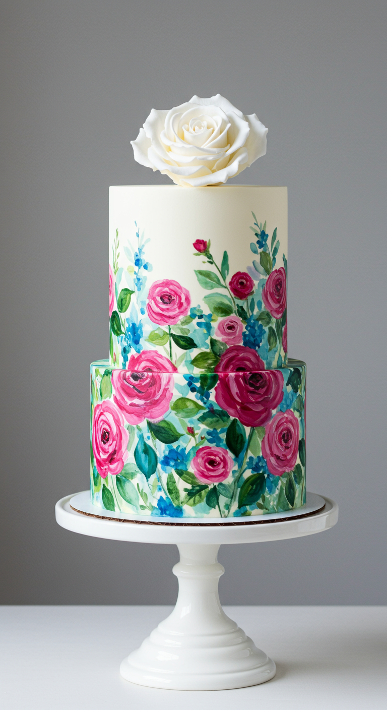 Zweistöckige Torte, handbemalt mit leuchtenden rosa und blauen Blumen, gekrönt von einer weißen Zuckerrose.