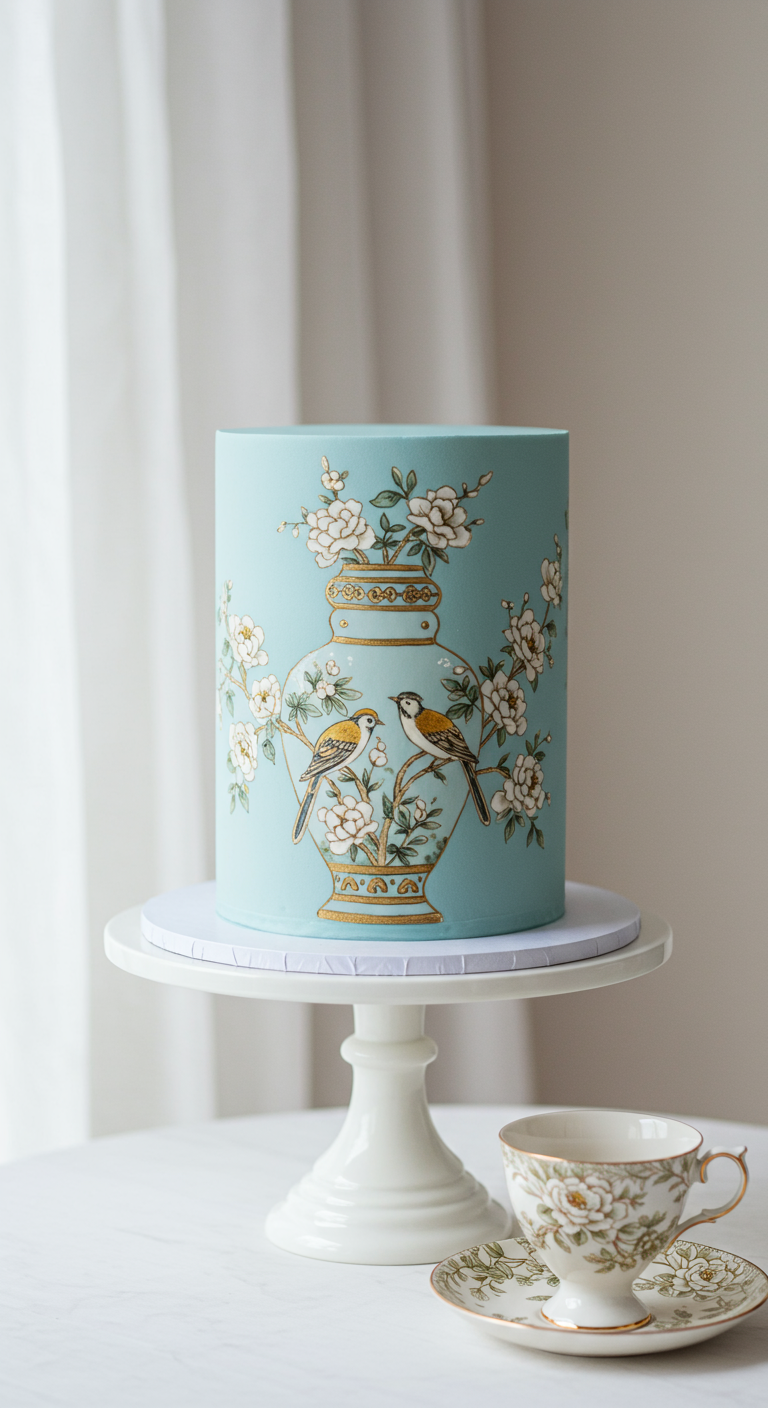 Hellblauer Kuchen mit handgemaltem Motiv einer Vase mit Blüten und Vögeln.