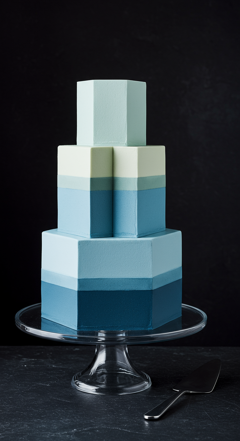 Dreistöckige sechseckige Torte mit blauem Ombré-Farbverlauf.