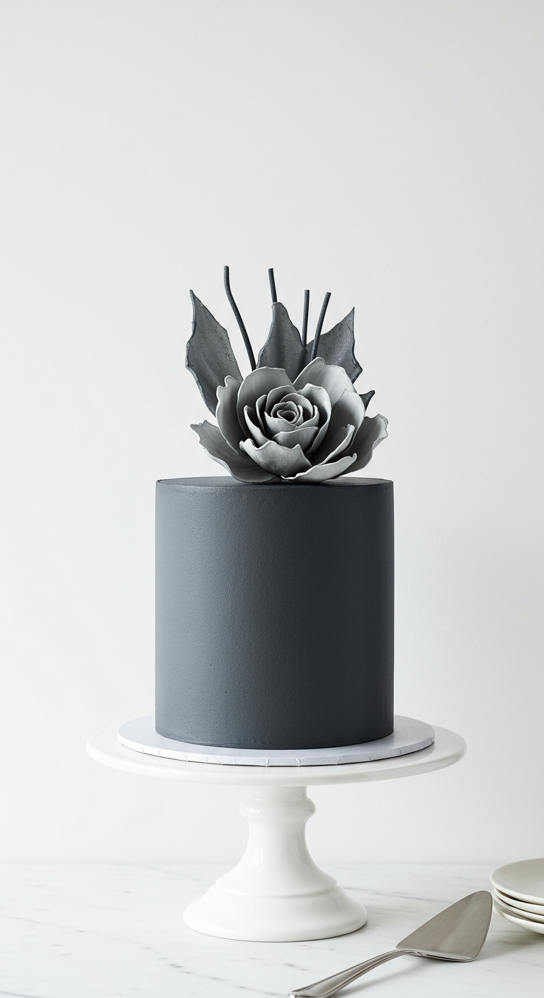 Dunkelgraue minimalistische Torte mit großer grauer Zuckerrose.