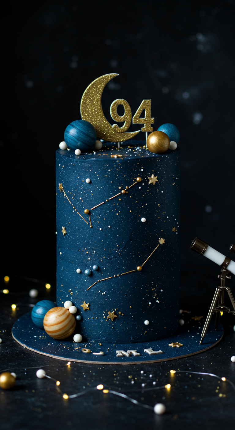 Dunkelblaue Galaxie-Torte mit goldenem Mond-Topper, Sternen und Planeten.