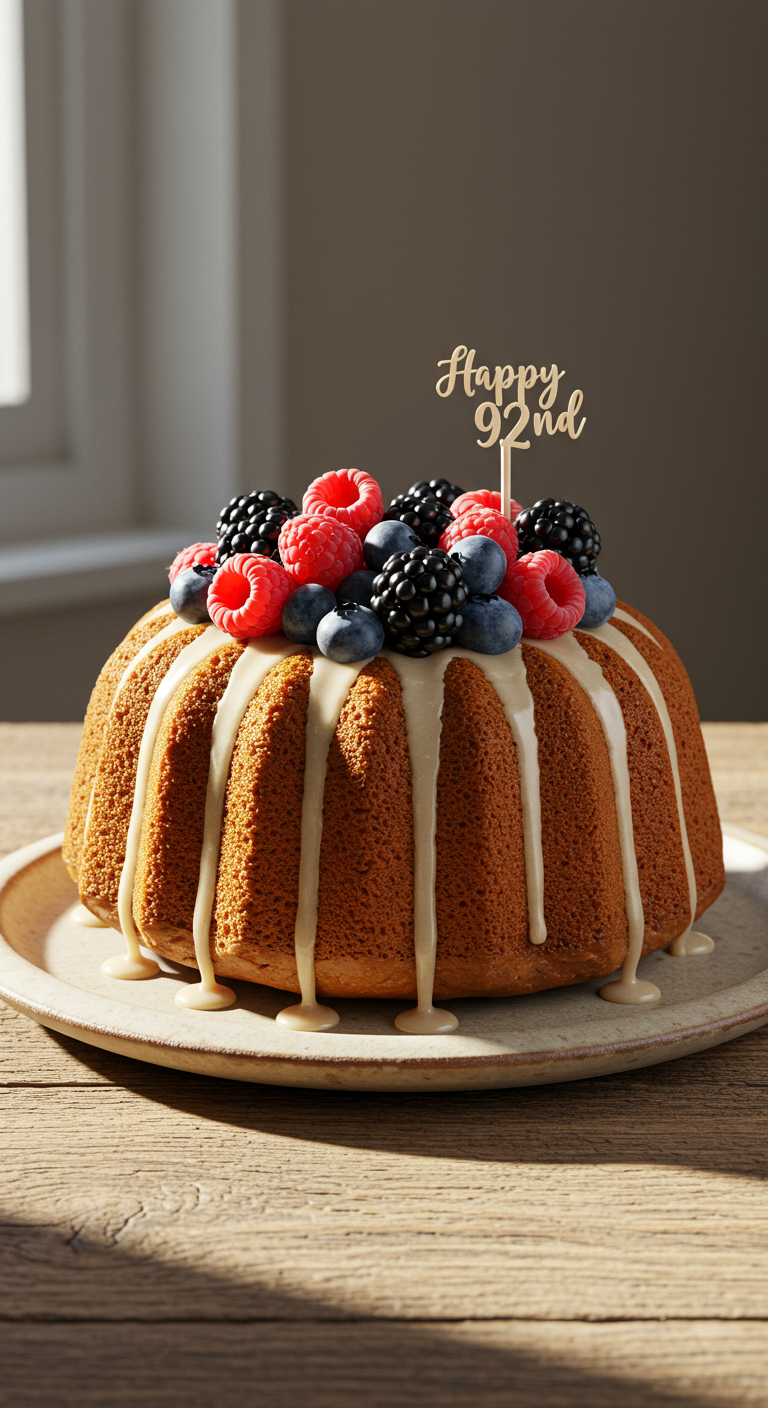 Gugelhupf mit Zuckerguss, frischen Beeren und „Happy 92nd“-Topper.