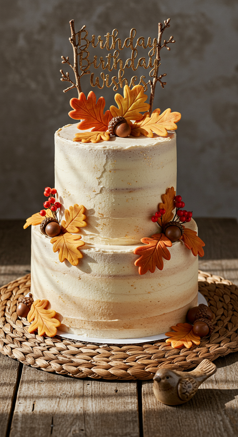 Zweistöckige Semi-Naked-Torte mit Herbstblättern und Eicheln aus Fondant.