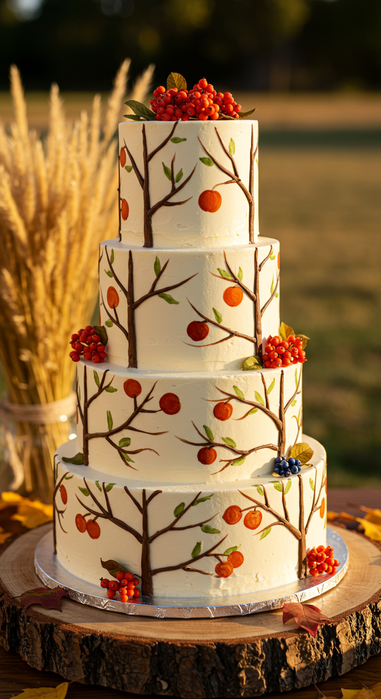 Vierstöckige weiße Torte, bemalt mit stilisierten Bäumen, roten Äpfeln und Beeren, im herbstlichen Ambiente.