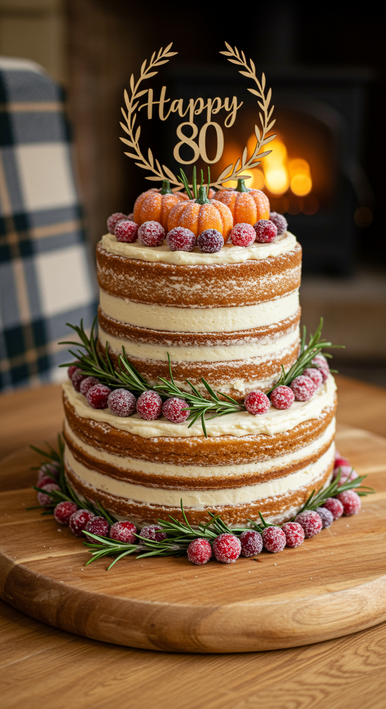 Zweistöckiger Naked Cake mit kandierten Cranberries, Rosmarin und Mini-Kürbissen.