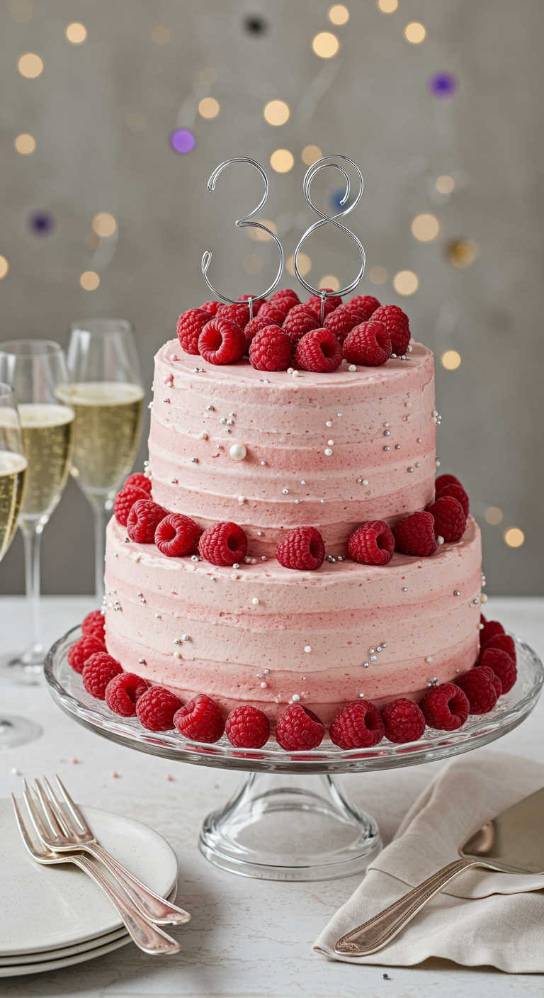 Zweistöckige rosa Torte mit frischen Himbeeren und Zahl 38.