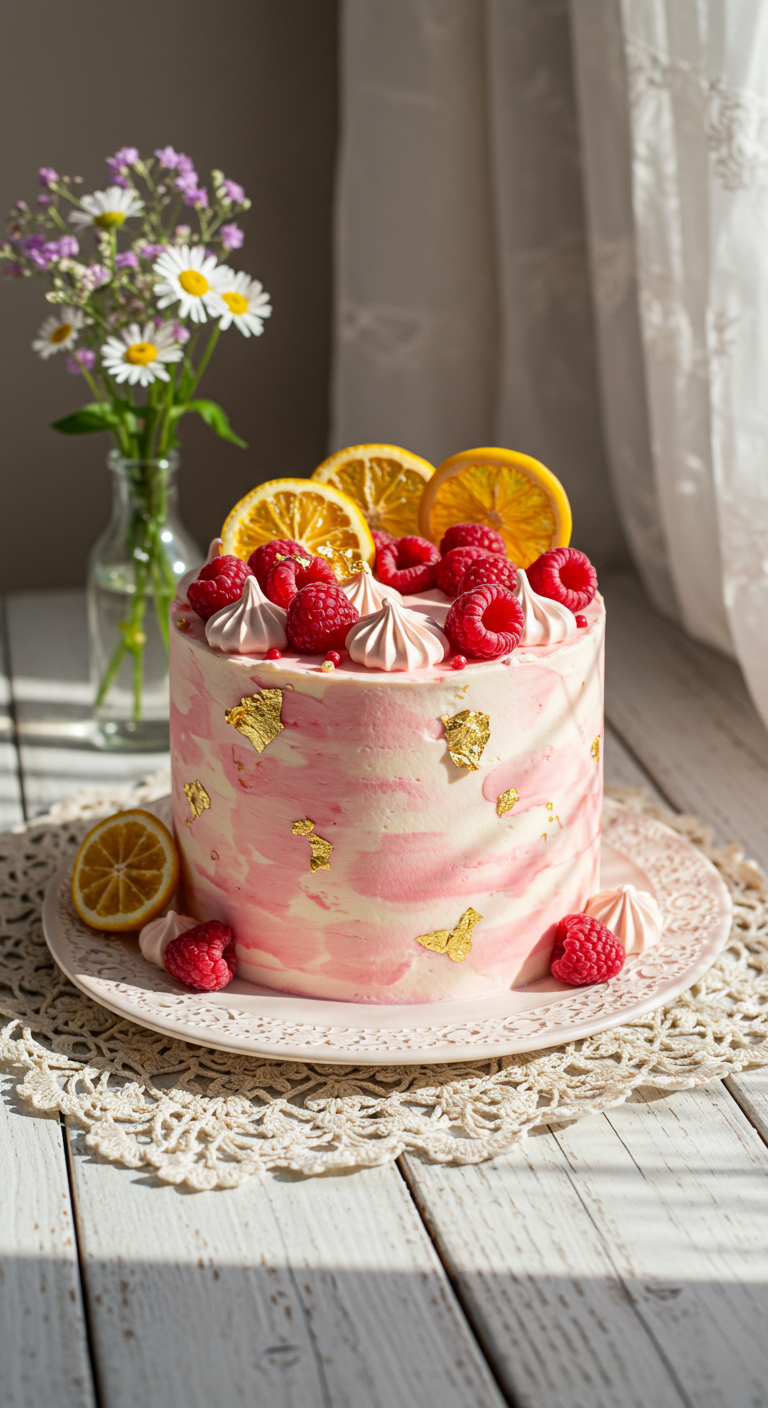 Rosa marmorierte Torte mit Himbeeren, Goldflocken und Orangenscheiben.