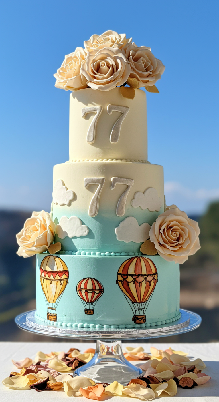 Dreistöckige Torte mit Himmel-Ombré, gemalten Heißluftballons und Zuckerrosen.
