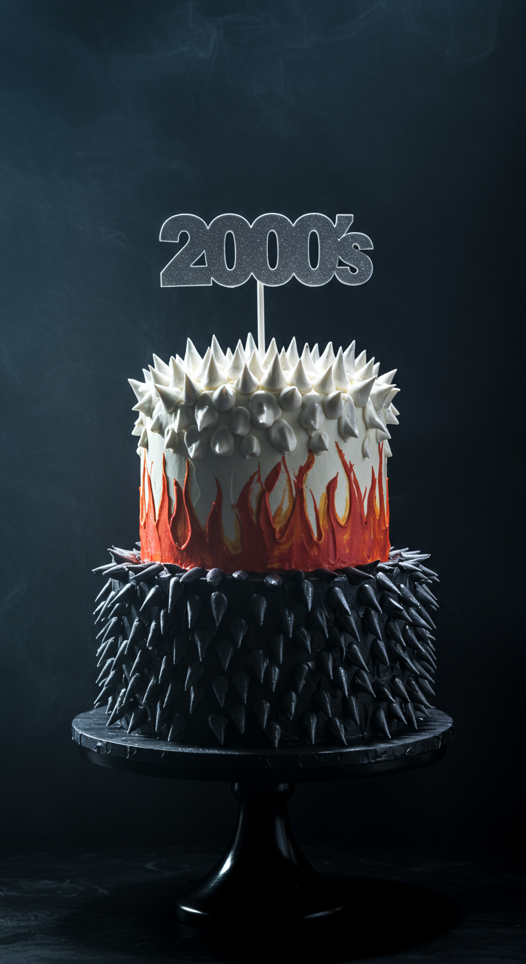 Zweistöckige Torte mit Flammenmuster unten und schwarzen Nieten oben.