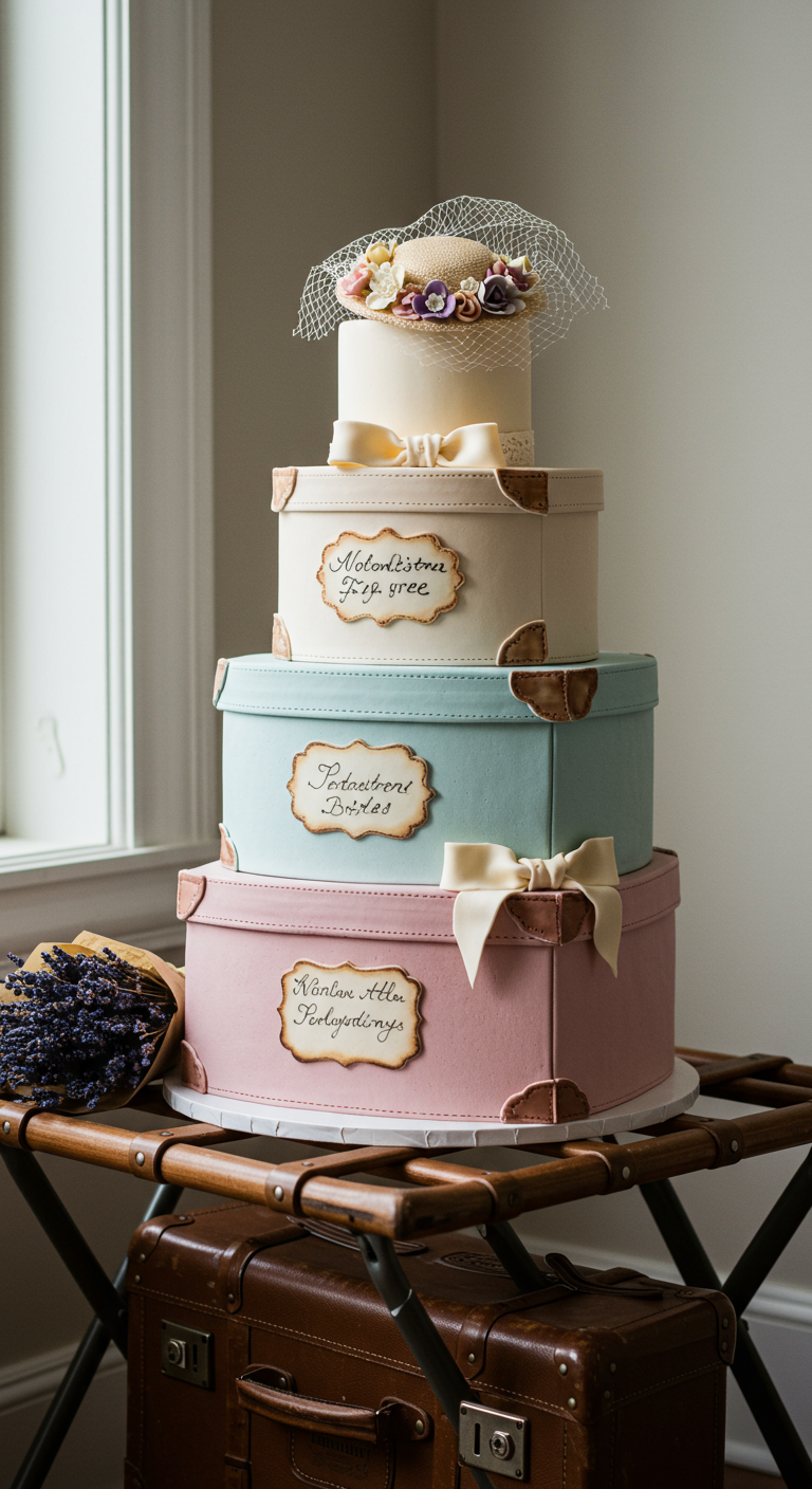Dreistöckige Torte in Form gestapelter Hutschachteln in Rosa, Blau und Creme, mit Hut.