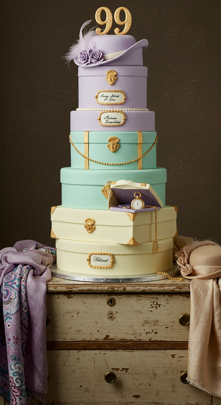Mehrstöckige Torte in Form von gestapelten Hutschachteln in Pastellfarben.